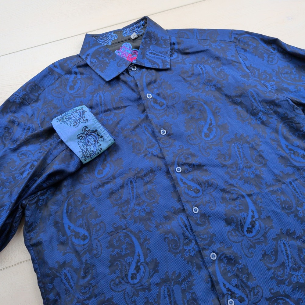 Robert Graham Mens XL Blue Black Paisley Jacquard Long Sleeve Shirt Flip Cuffs